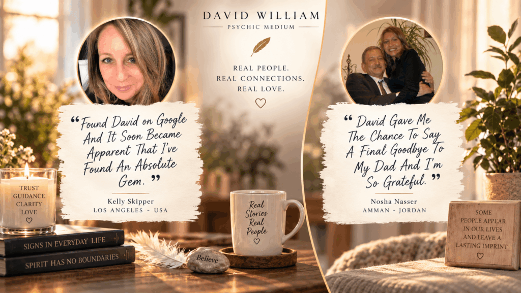 Psychic medium reviews from David William clients Kelly Skipper in Los Angeles and Nosha Nasser in Amman Jordan