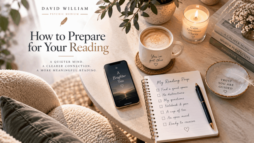 Notebook, phone and quiet space prepared for an online psychic or medium reading