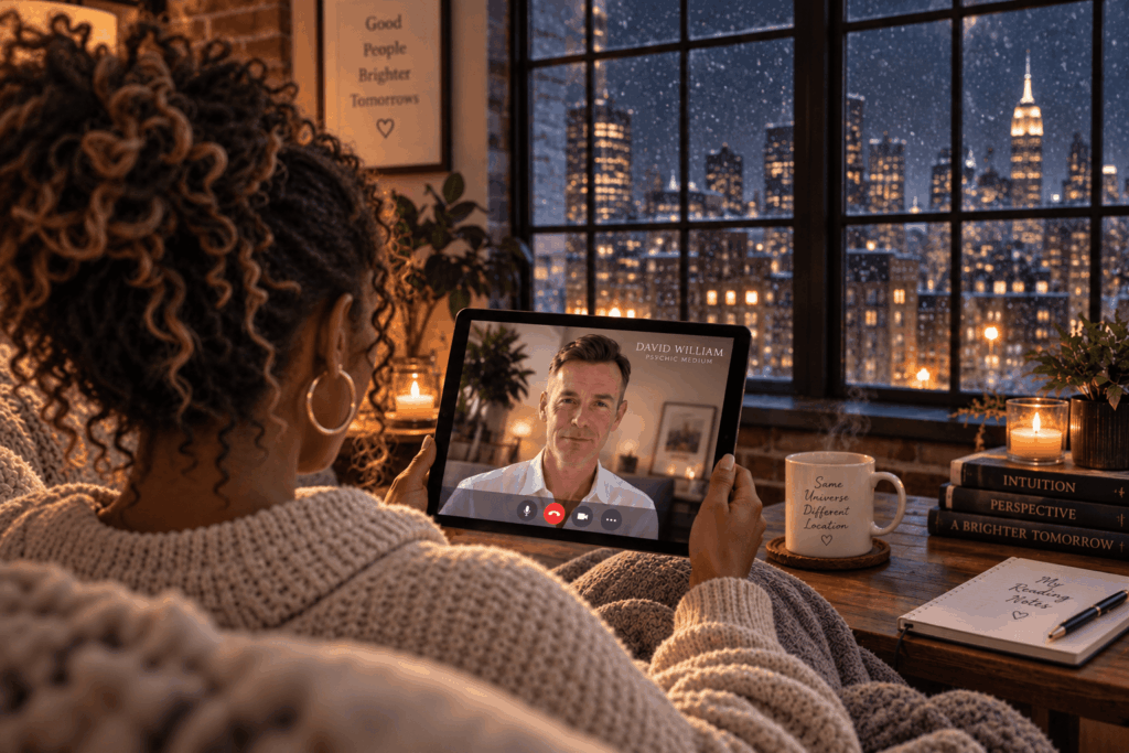 Woman preparing for an online psychic reading with David William from a New York apartment on a snowy winter evening