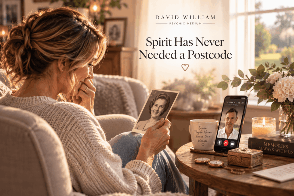 Woman holding a photograph of a loved one during a mediumship reading with David William Psychic Medium