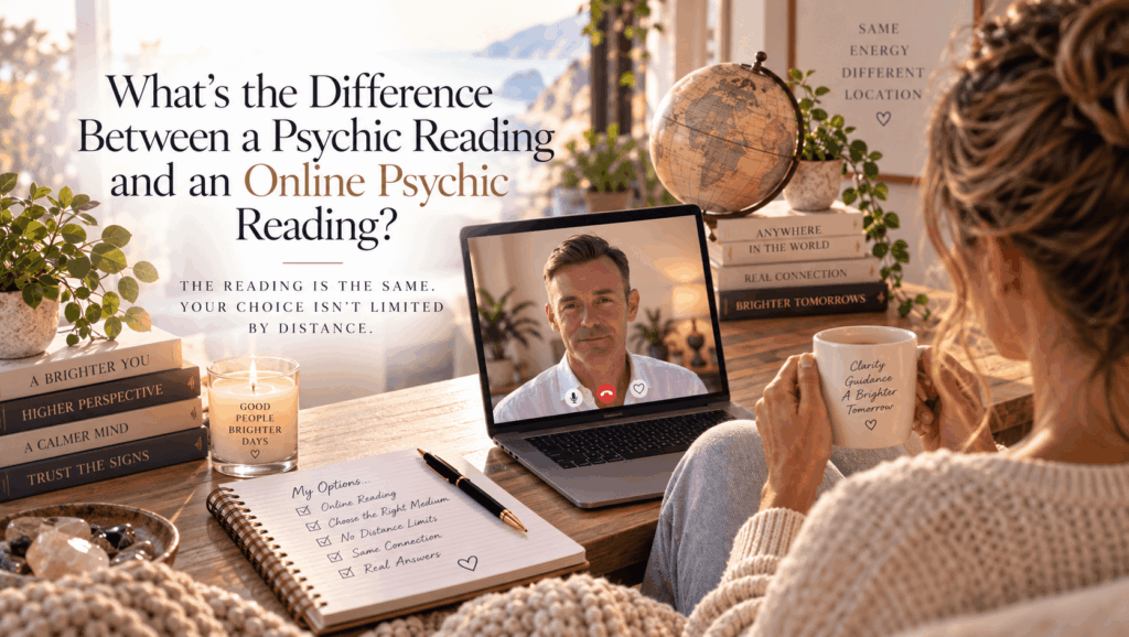 Woman choosing an online psychic reading with David William Psychic Medium from home