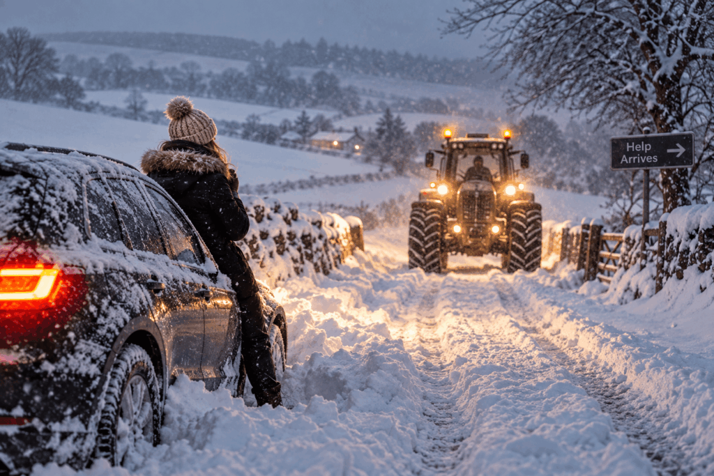 Woman stranded in a snowdrift being rescued by a tractor after travelling to a psychic reading with David William Psychic Medium