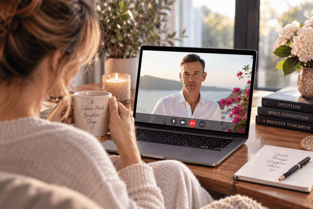 Woman having an online psychic reading with David William Psychic Medium from the comfort of her home