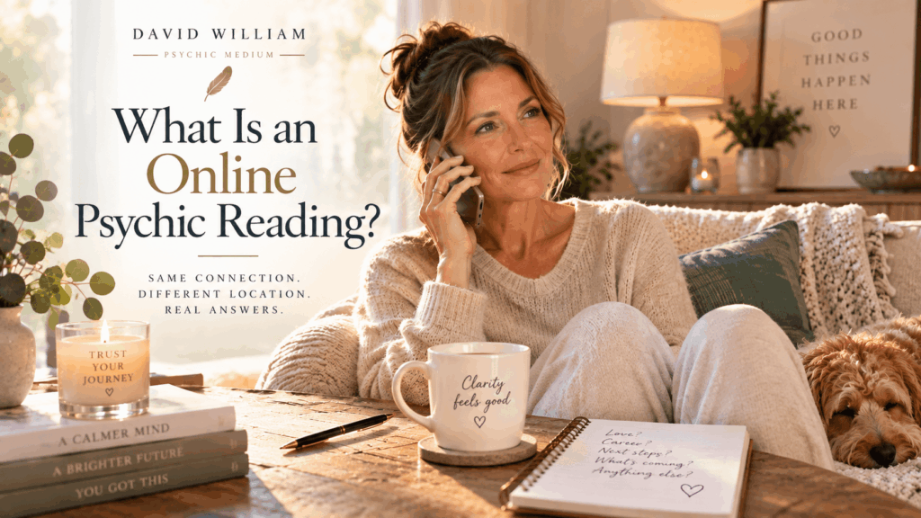 Woman having an online psychic reading by phone from the comfort of her home
