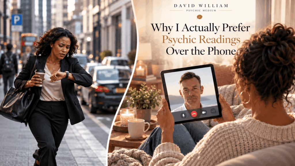 Woman rushing through traffic compared with relaxing at home for a psychic reading over the phone with David William